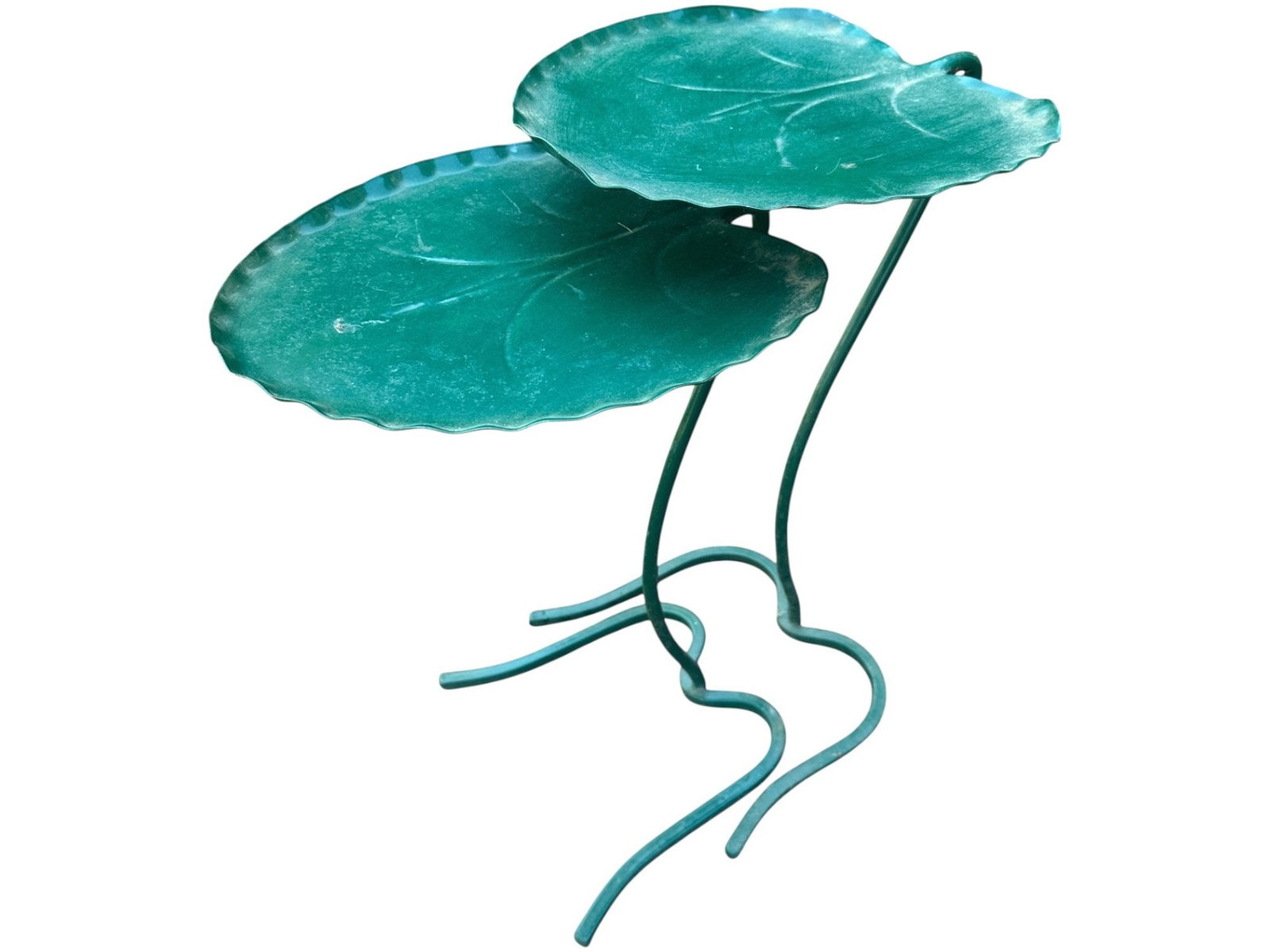 Nest of Two Salterini Green Painted Metal Lilypad Form Outdoor Tables (1 of 3)