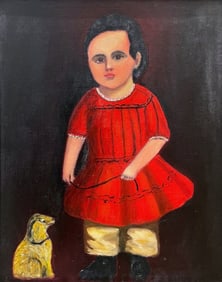 Early American Style Portrait Of A Young Boy With A Dog