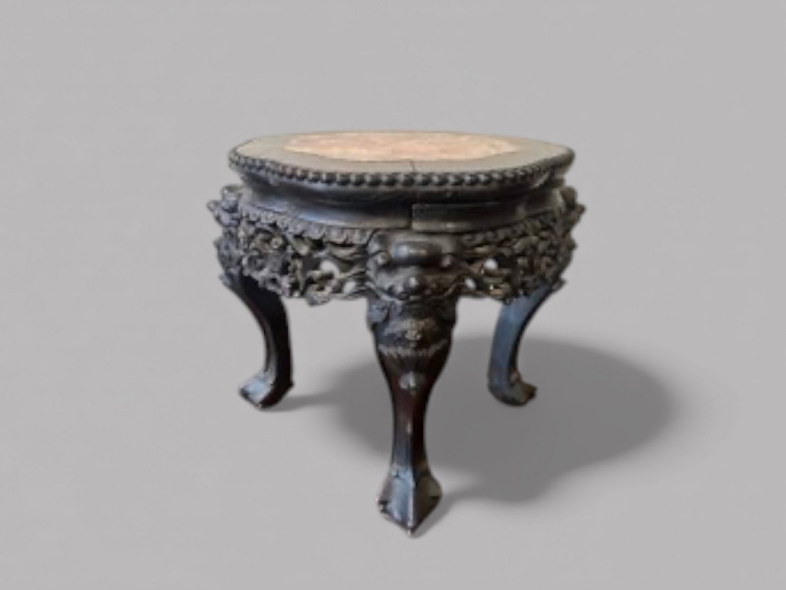 Carved Chinese Rosewood Plant Stand With Marble Inlay Top, 19th Century: H: 15 inches x w: 15 inches x d: 15 inchesCONDITION: Marble completely uncracked. Part of wood frame is detached.