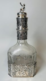 German .800 Silver Mounted Etched Glass Decanter