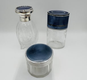 Three Lavender Guilloche Enamel And Etched Glass Bottles, Two With Sterling Silver Tops, Early 20th