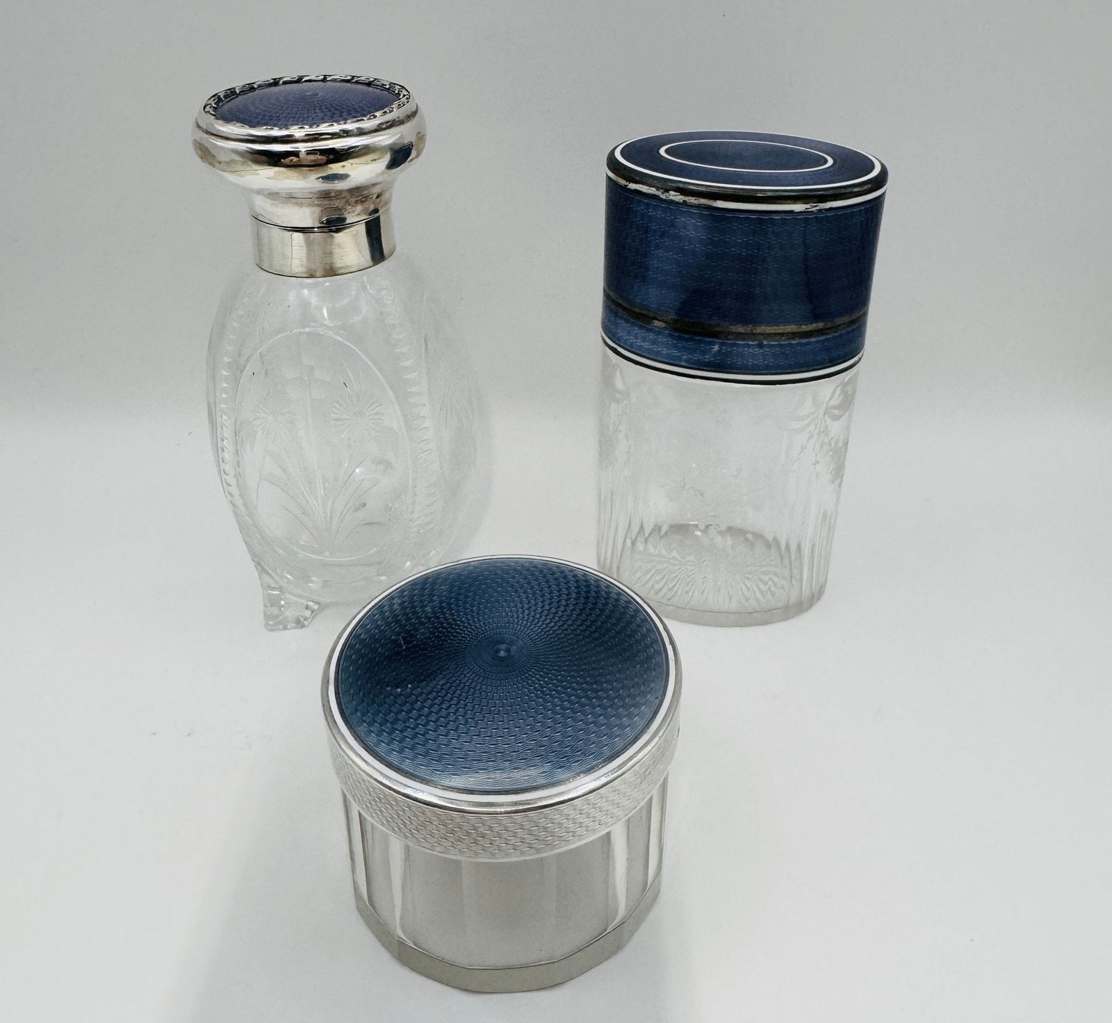 Three Lavender Guilloche Enamel And Etched Glass Bottles, Two With Sterling Silver Tops, Early 20th (1 of 4)