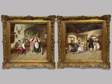 Pair Of Large German Hand Painted Porcelain Plaques, Signed C. Bauer, Circa 1880