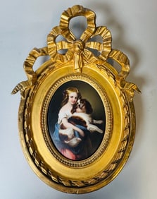 Hand Painted Continental Porcelain Plaque Of A Young Girl And A Springer Spaniel Dog, 19th Century
