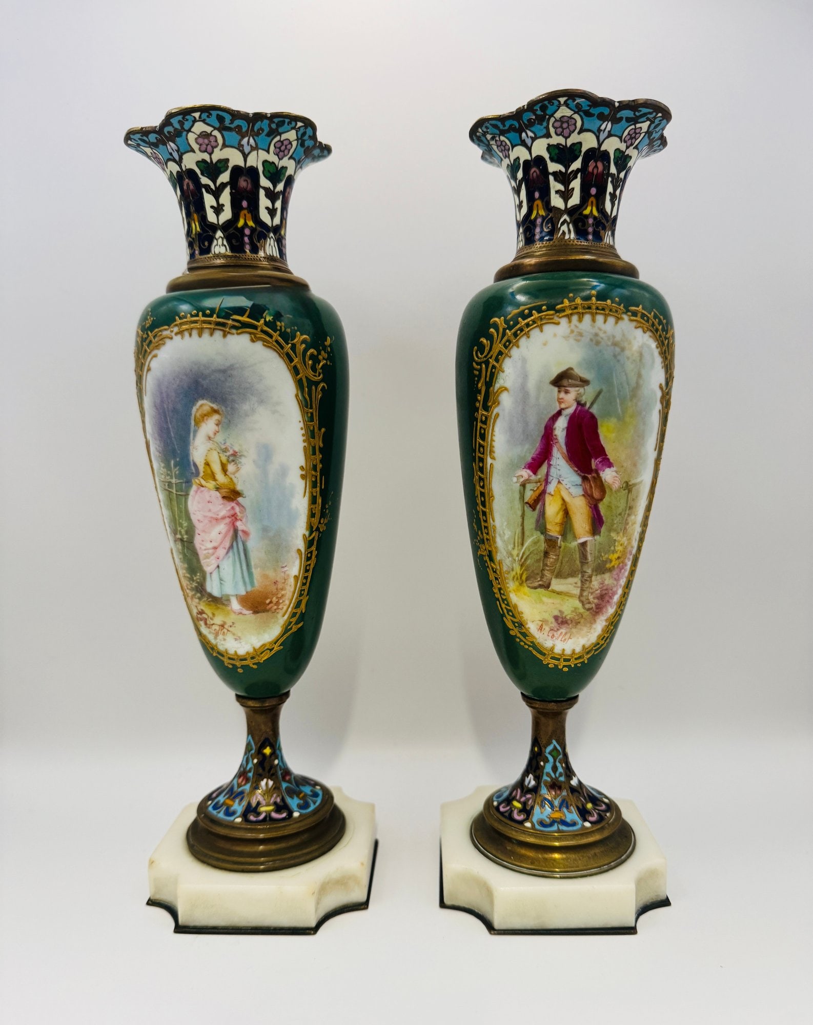 French Champleve Enamel And Sevres Style Porcelain Mounted Vases, Signed Collot (1 of 3)