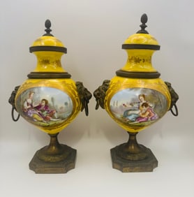 Pair Of Sevres Style Porcelain Brass Mounted Hand Painted Vases, Late 19th Century