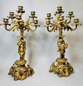 Pair Of Louis XVI Style Gilt Bronze Six-Light Candelabra, Late 19th Century