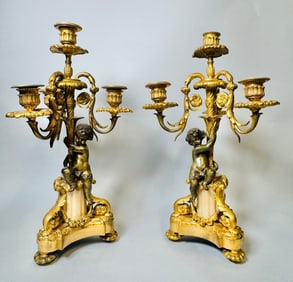 Pair Of Louis XVI Style Gilt Bronze And Alabaster Four-Light Candelabra, Late 19th Century