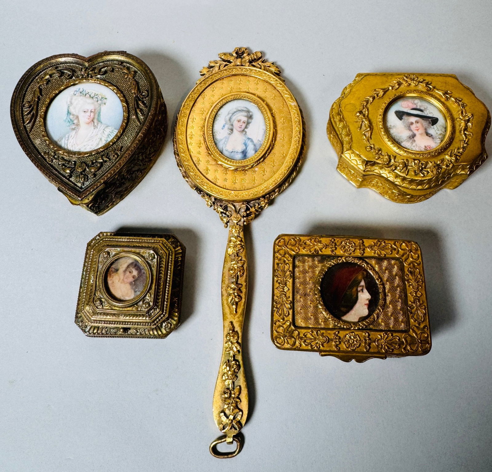 Four French Gilt Metal Boxes And Hand Mirror With Miniatures, Early 20th Century (5) (1 of 8)