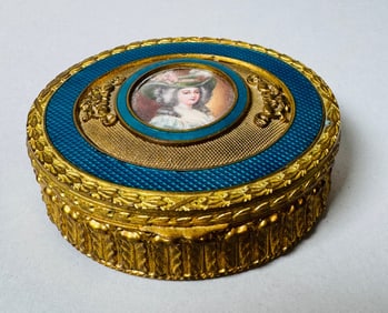 French Gilt Metal And Blue Enamel Box With Hand Painted Portrait Miniature, C. 1900