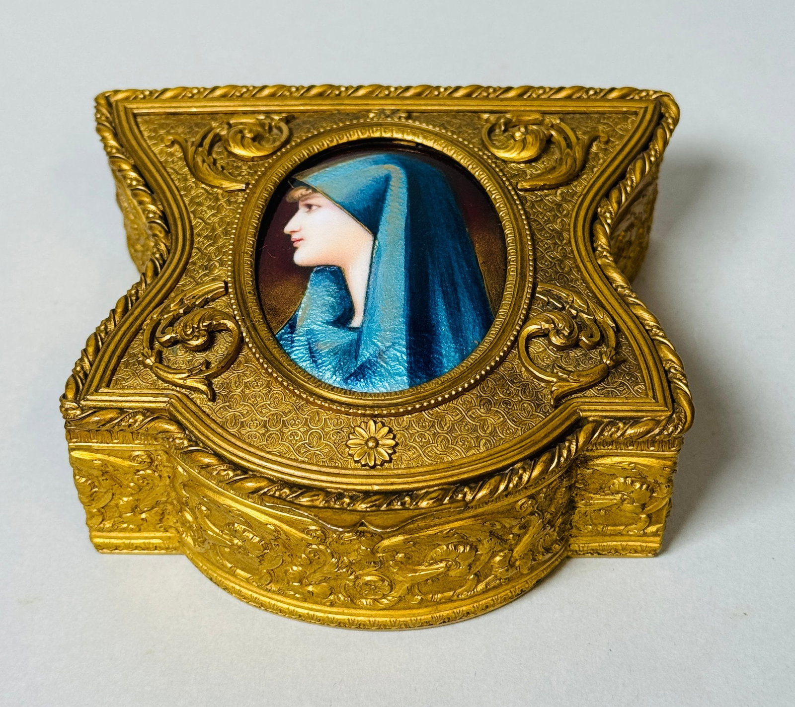 French Gilt Metal Box With Enamel Portrait, C. 1900: unmarked with floral silk interior Width: 4 inchesCONDITION: very good