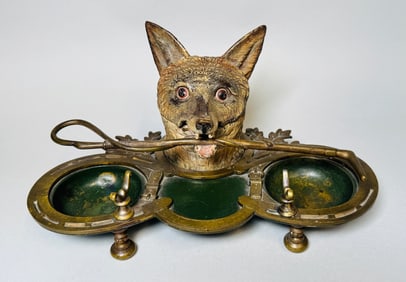 German Cold Painted Bronze And Brass Fox Ink Stand, C. 1900