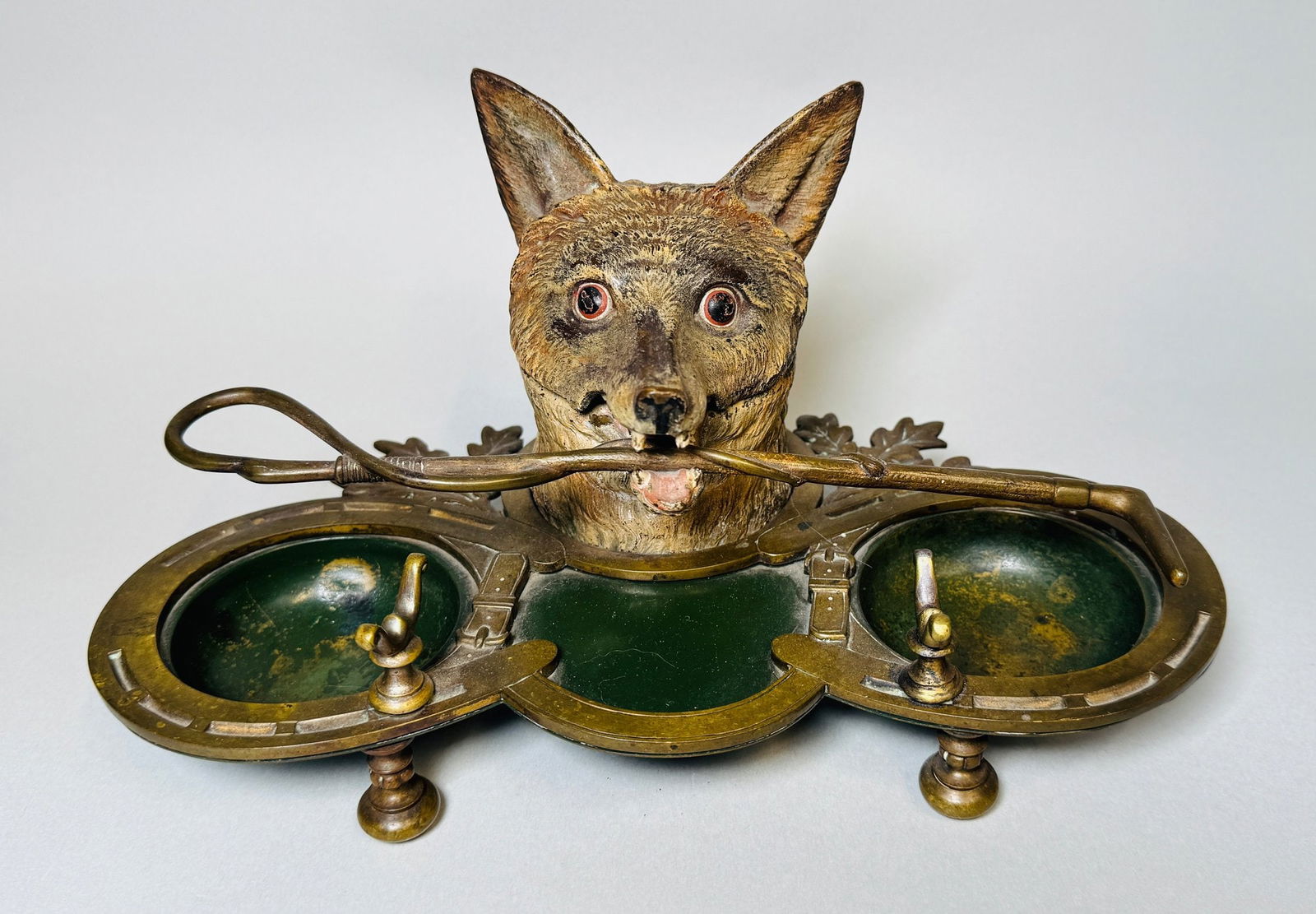 German Cold Painted Bronze And Brass Fox Ink Stand, C. 1900 (1 of 5)