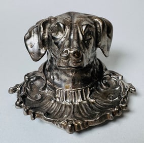 German Silvered Cast Iron Dog Form Ink Stand, C. 1900