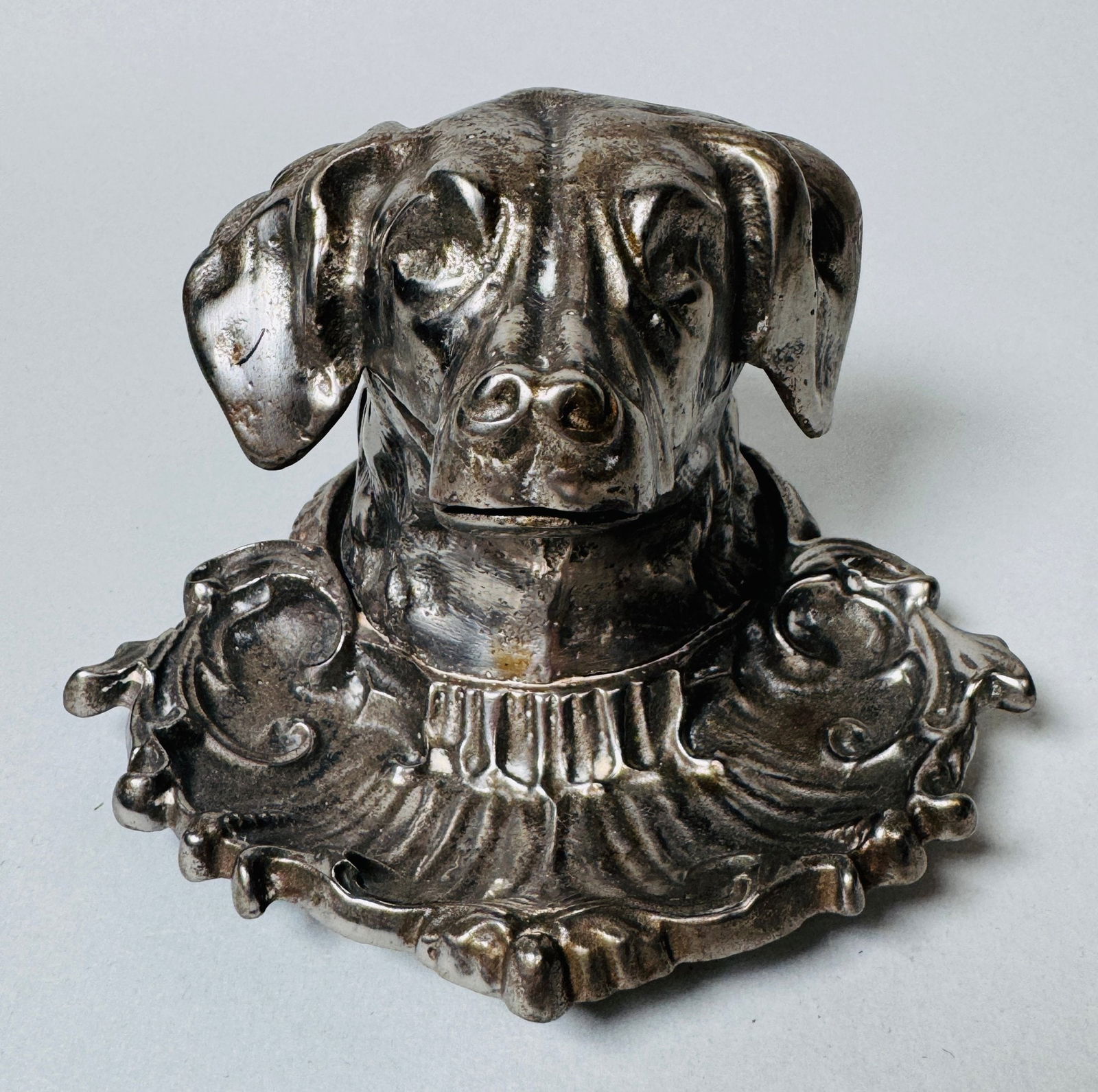 German Silvered Cast Iron Dog Form Ink Stand, C. 1900 (1 of 5)