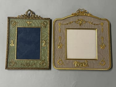 Two Gilt Metal And Silk Photo Frames With Empire Style Motifs, Mid-late 20th Century