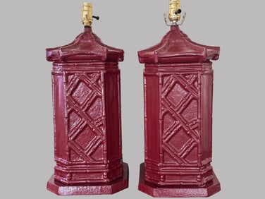 Pair Of Red Pagoda Form Canisters Used As Table Lamps