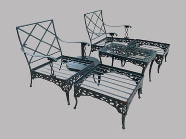 Pair Of Brown Jordan 'Elegance' Cast Aluminum Outdoor Chairs And Ottomans With A Side Table (5)