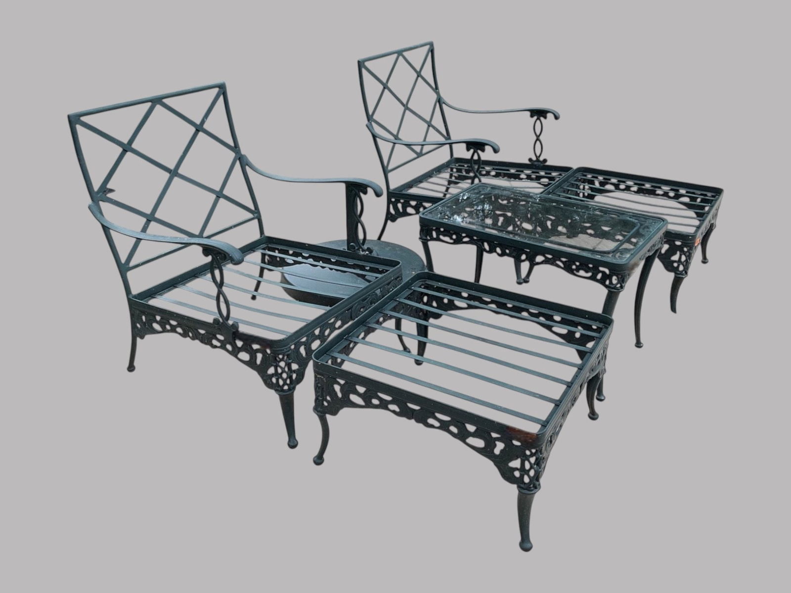 Pair Of Brown Jordan 'Elegance' Cast Aluminum Outdoor Chairs And Ottomans With A Side Table (5) (1 of 4)