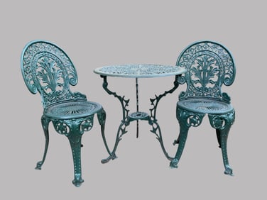Green Floral Patterned Cast Aluminum Outdoor Table And Chairs (2)