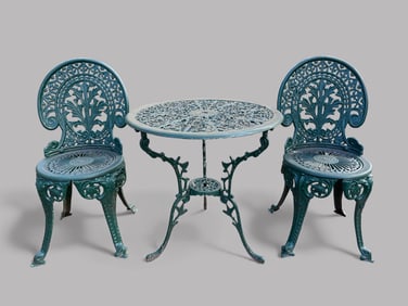 Green Floral Patterned Cast Aluminum Outdoor Table And Chairs (2)