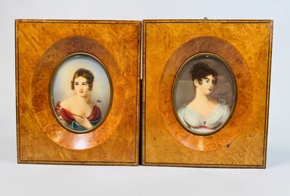 Pair Of French Hand Painted Miniature Portraits In Burl Wood Frames, 19th Century