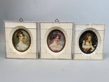 Three French Miniature Portraits In Piano Key Frames, 19th Century