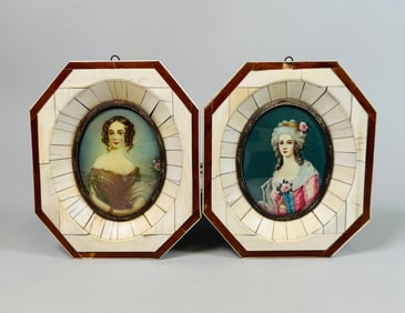 Pair Of Hand Painted French Miniature Portraits In Piano Key Frames, 19th Century