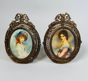 Pair Of French Signed Hand Painted Plaques In Gilt Brass Frames