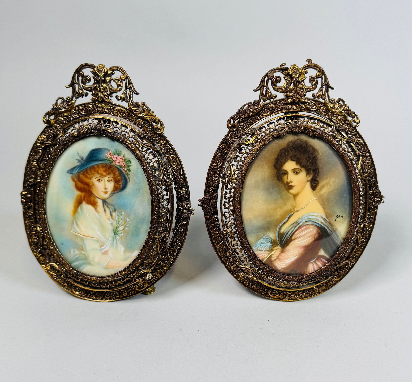Pair Of French Signed Hand Painted Plaques In Gilt Brass Frames: signed lower right of each Frames: 5 1/2 x 4 1/4 inches