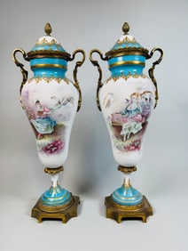 Pair Of French Signed Hand Painted Sevres Style Porcelain And Brass Mounted Vases, C. 1900 (2)