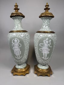 Pair Of French Celadon Green, Pate Sur Pate And Gilt Bronze Mounted Vases, C. 1900