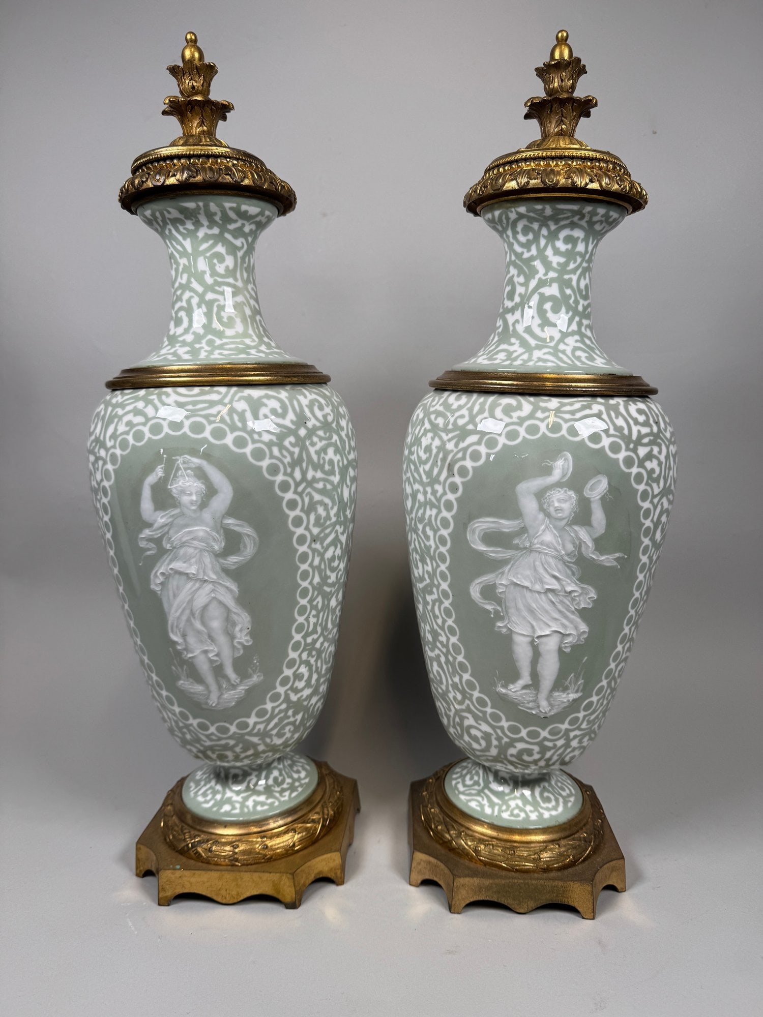 Pair Of French Celadon Green, Pate Sur Pate And Gilt Bronze Mounted Vases, C. 1900: H: 19 1/2 inches
