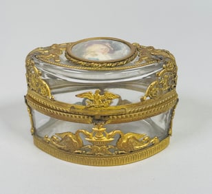 French Gilt Metal And Glass Box With Hand Painted Miniature Portrait Of A Period Lady, C. 1900