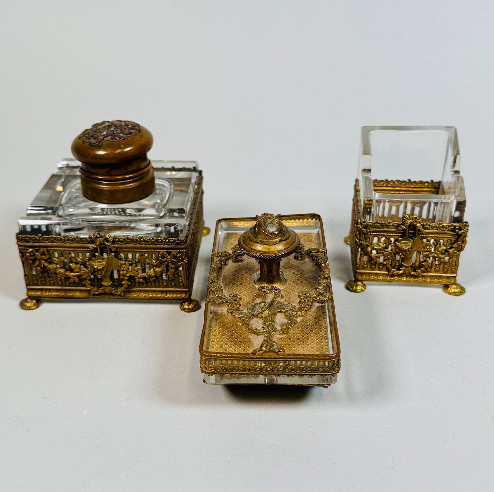 Three French Glass And Gilt Brass Mounted Desk Items, C. 1915 (3) (1 of 5)