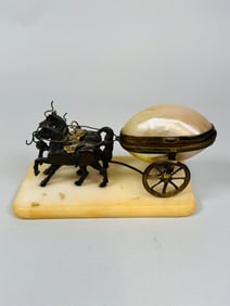 French Palais Mother Of Pearl Shell Carriage Trinket Box On Marble Base, C. 1900