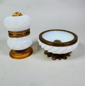 French White Opaline And Gilt Brass Box, With Another White Opaline Glass Piece, C. 1910 (2)