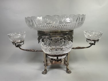 English Sheffield Plated And Cut Crystal Epergne, Mid To Late 19th Century