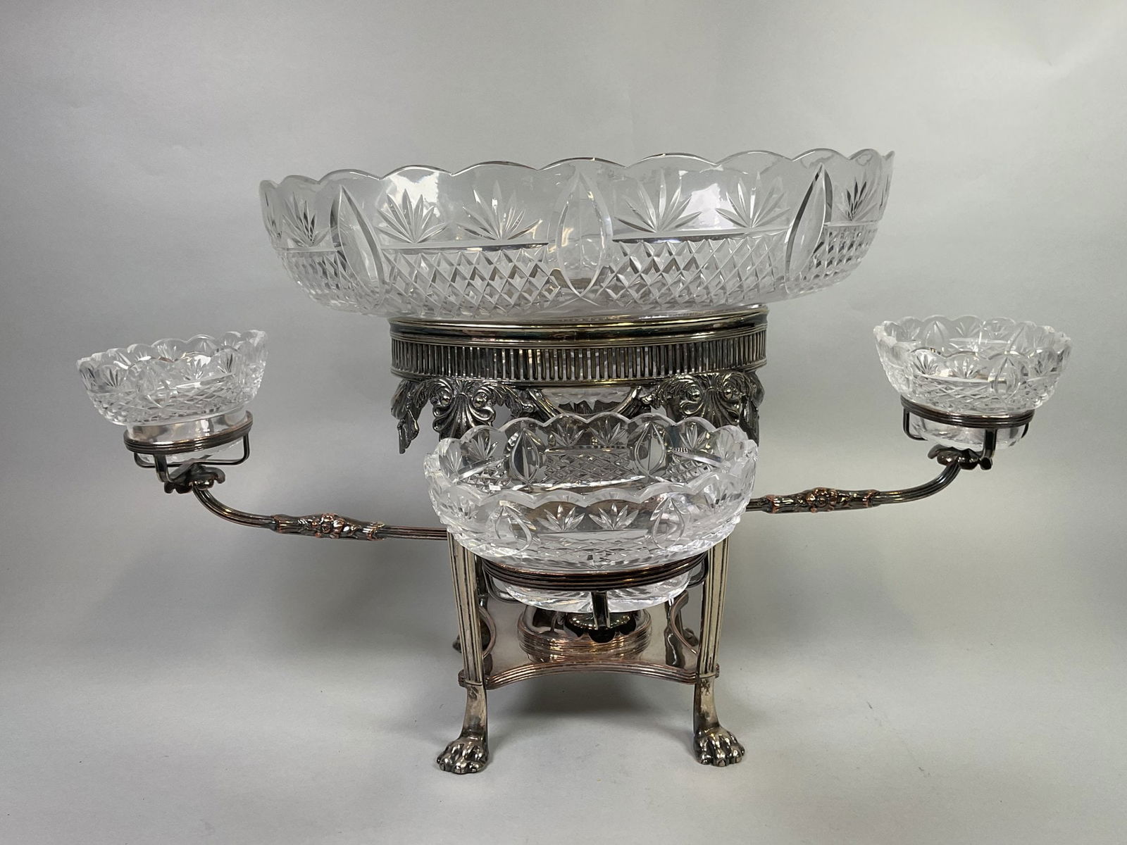 English Sheffield Plated And Cut Crystal Epergne, Mid To Late 19th Century: H: 11 1/2 x W: 19 3/4 inchesCONDITION: areas of wear to plate