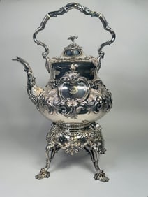 Sheffield Plate (English)Armorial Repousse Hot Water Kettle On Stand, Late 19th Century