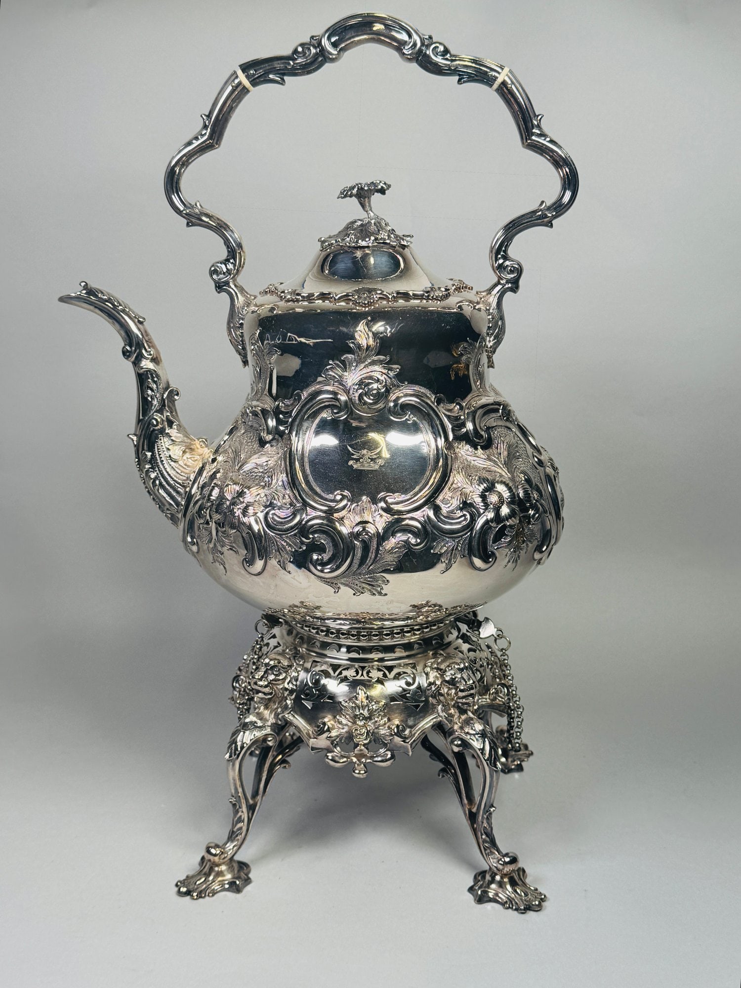 Sheffield Plate (English)Armorial Repousse Hot Water Kettle On Stand, Late 19th Century (1 of 6)