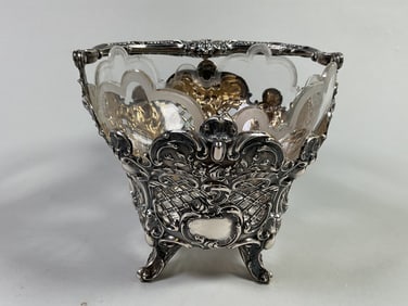 German .800 Silver Basket With Glass Liner, C. 1900