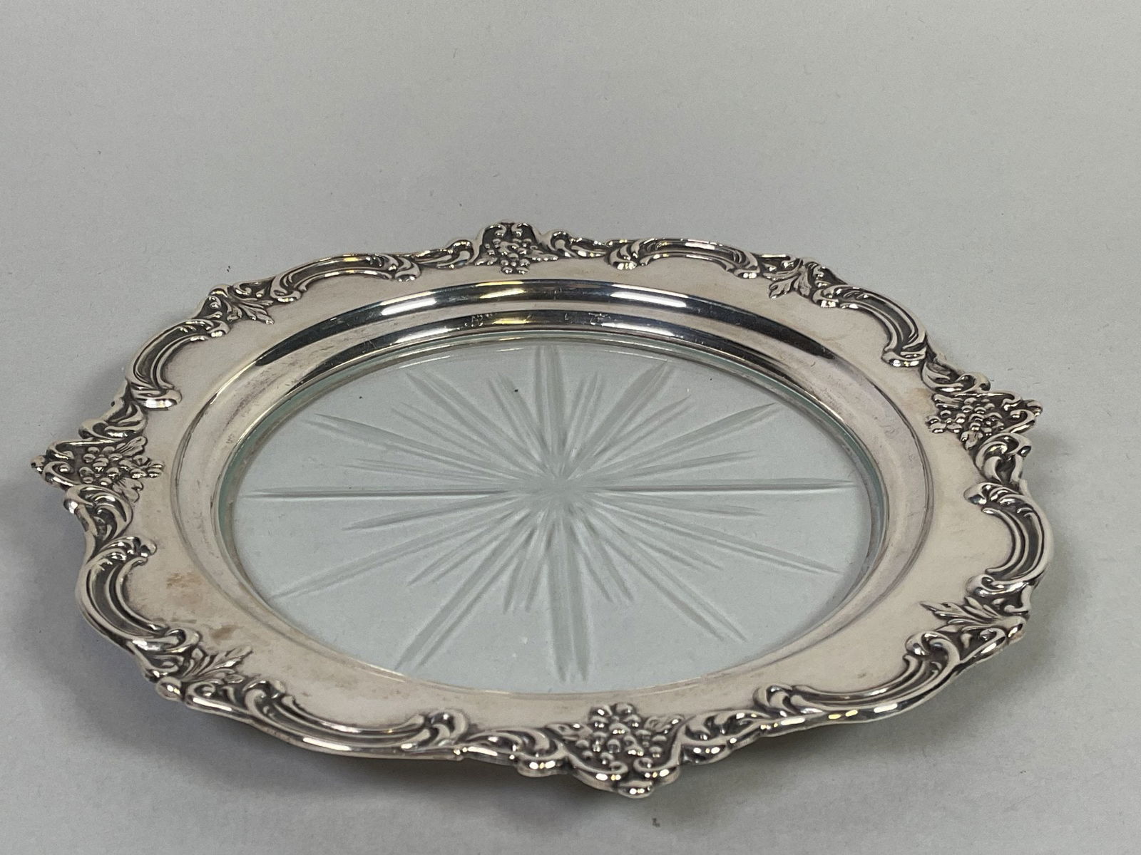 American Sterling Silver And Glass Coaster: stamped STERLING D: 6 3/8 inches