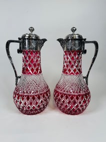 Pair Of English Sterling Silver Mounted Cut Cranberry To Clear Jugs