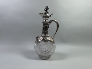 German .800 Silver Mounted Cut Crystal Jug, C. 1900