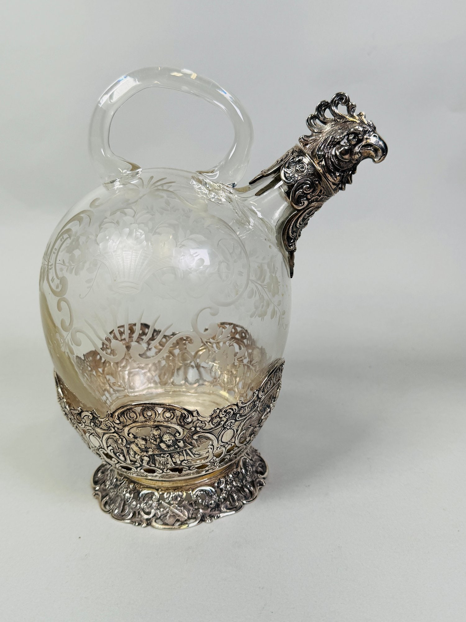 German Rooster Form Sterling Silver And Engraved Glass Claret Jug, C. 1900 (1 of 7)