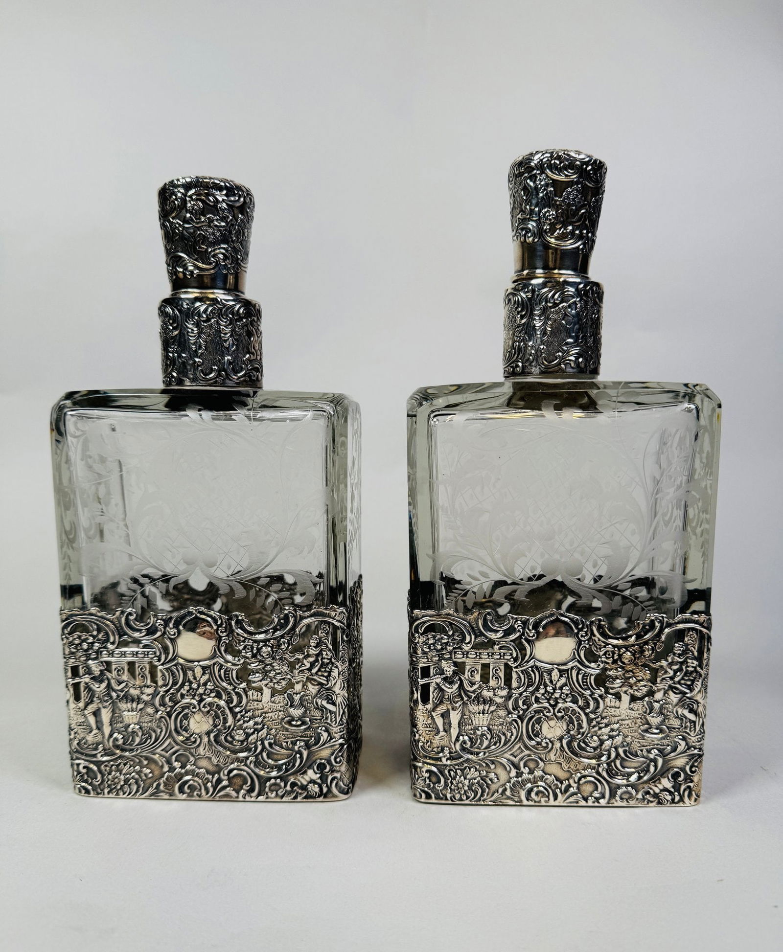Pair Continental Sterling Silver And Cut Glass Bottles, Late 19th Century (2): underside of each signed RWM/STERLING H: 8 3/4 inches