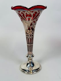 American Sterling Silver Weighted Cranberry Glass Flower Vase