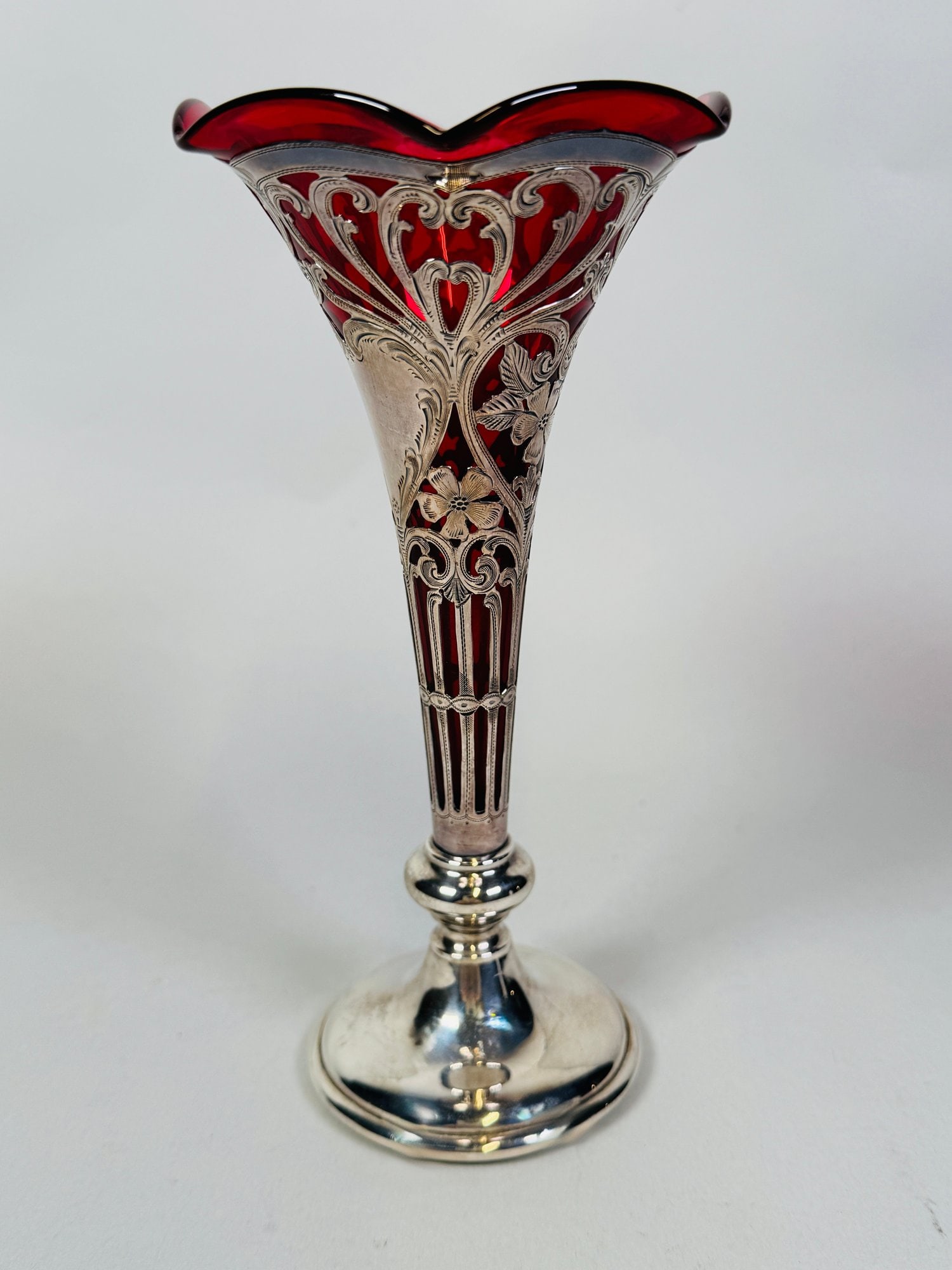 American Sterling Silver Weighted Cranberry Glass Flower Vase (1 of 4)