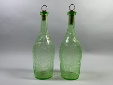 Pair Of Continental Etched Green Glass Decanters, C. 1890 (2)